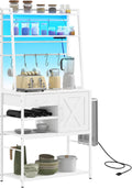 with Power Socket Kitchen Baking Rack, with Led Light, Drawer, Barn Door and S-Hook, Freestanding Kitchen Appliance Organizer (White)
