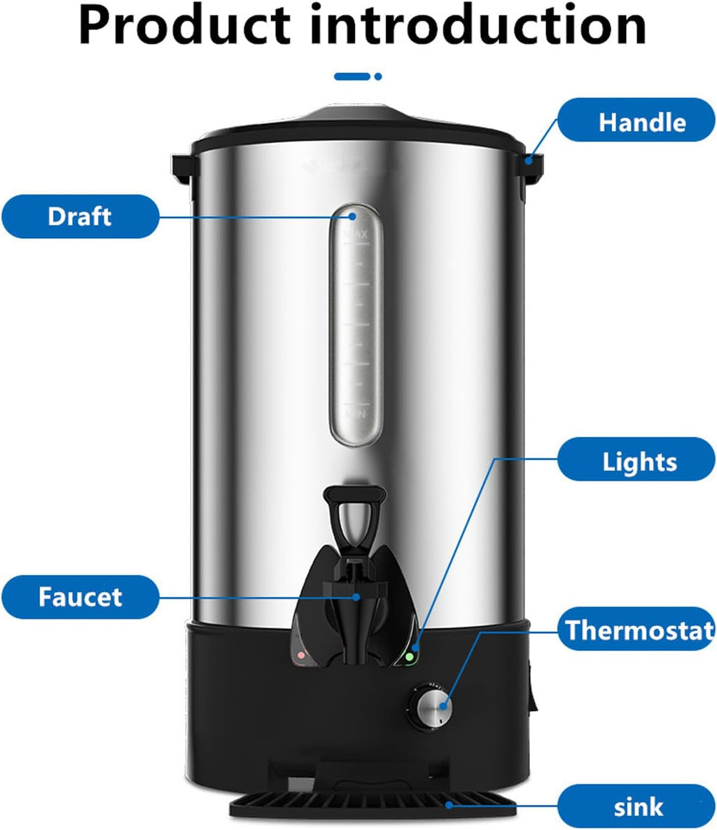 50 Cup Electric Hot Water Pot Urn, 1500W Dispenser Instant Coffee Milk Tea Boil Dry Protection Even Heating Throughout Chassis Stainless Steel Hot Water Boiler Urn for Party Commercial/16L