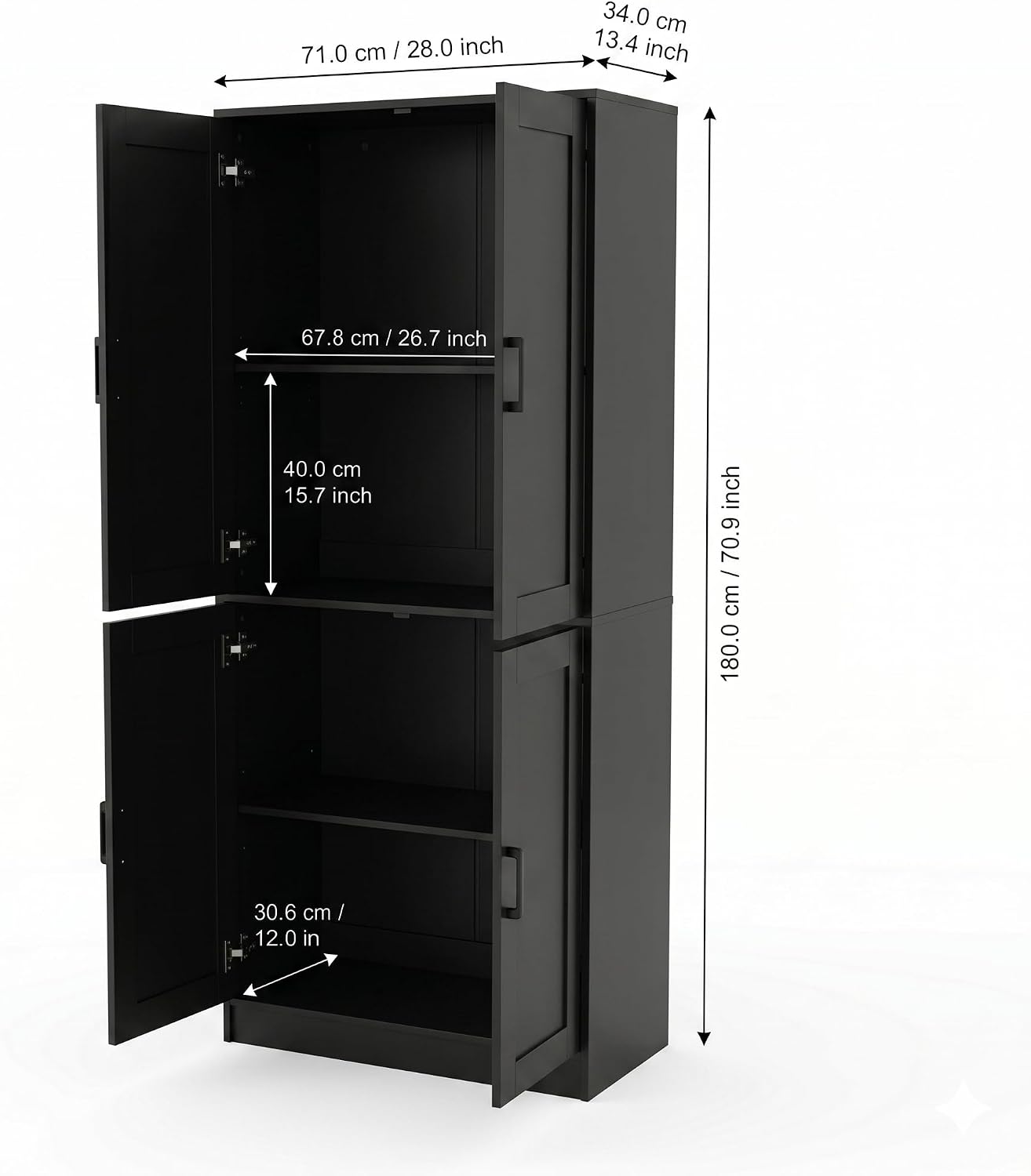 DIYART 71' Tall Kitchen Pantry Cabinet, Freestanding Food Storage Organizer with Doors & Adjustable Shelves, Large Utility Hutch Cupboard for Dining Room, Kitchen & Home Office, Black
