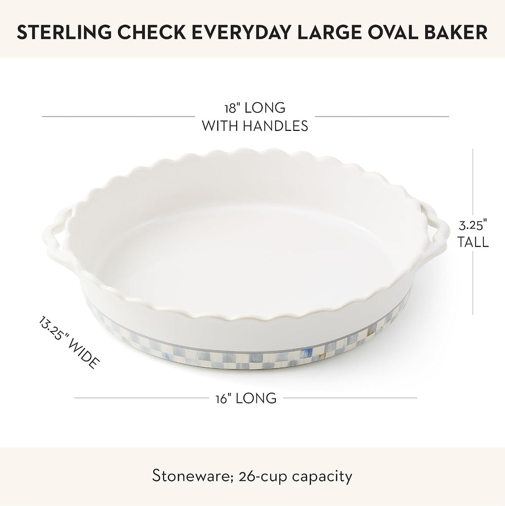 MACKENZIE-CHILDS Everyday Oval Casserole Baker, Cute Oven Baker, Large, Gray-and-White Sterling Check