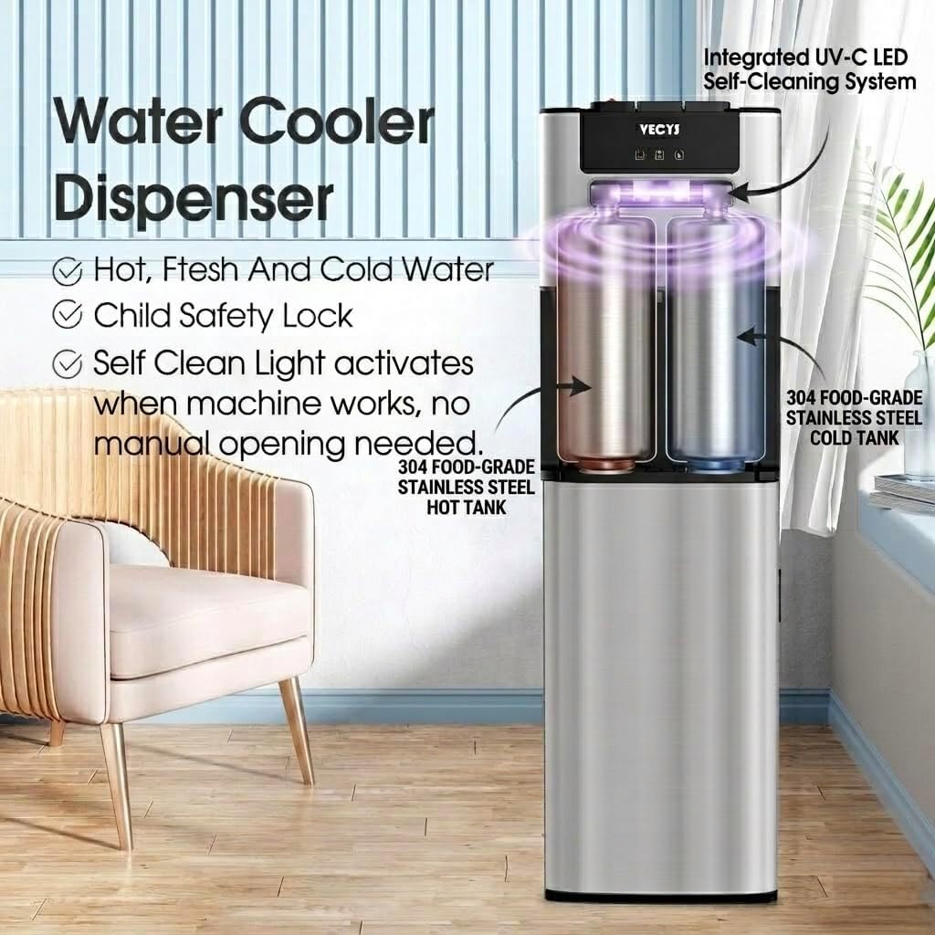 VECYS Self-Cleaning Bottom Loading Water Dispenser with Pitcher, 3-5 Gallon Water Cooler, 304 Stainless Steel Reservoirs & Intake Tube, Hot Cold Room Temperature, Child Safety Lock, UL/ETL Certified