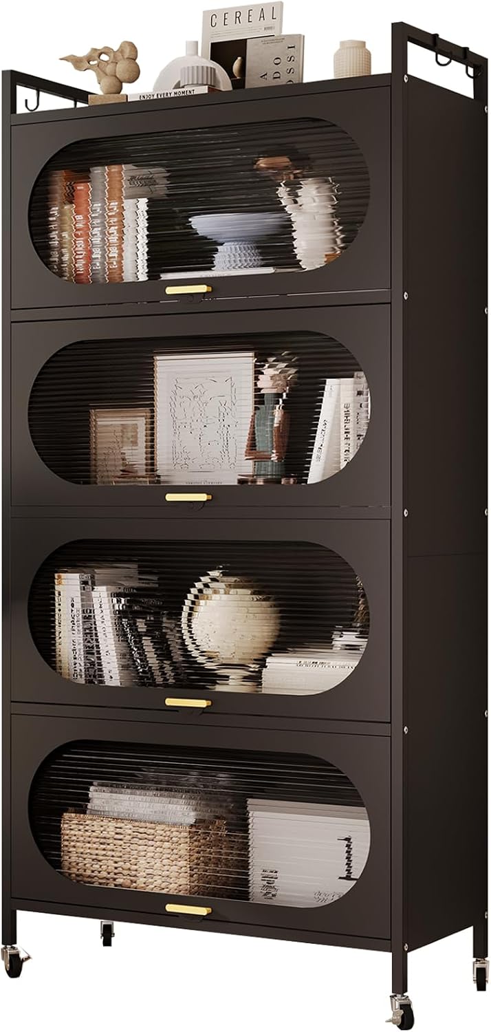 Kitchen Pantry Storage Cabinet,5 Tier Rolling Microwave Stand, Bakers Rack,Metal Pantry Cabinet with 4 Flip-up Doors for Kitchen,Living Room,Study (Black)