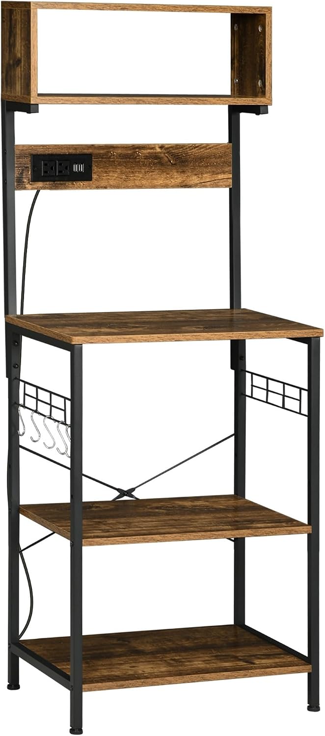 Kitchen Bakers Rack With Power Outlet, USB Charger, Microwave Stand, With Adjustable Shelves, 5 Hooks For Spices, Pots And Pans, Rustic Brown