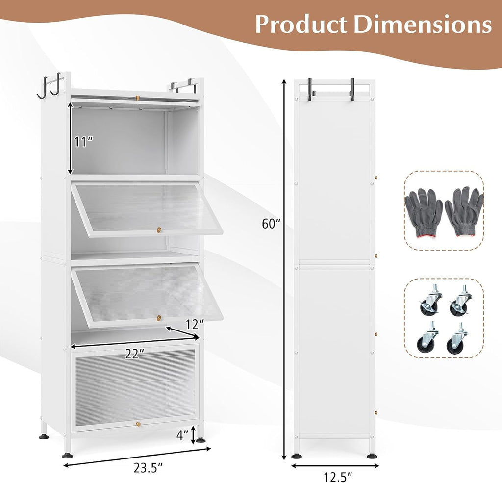 MAT EXPERT 5-Tier Kitchen Storage Cabinet, Freestanding Appliance Cabinet on Wheels with Flip Door & Anti-Topping Device, Kitchen Pantry Bakers Rack for Living Room, Study(White)