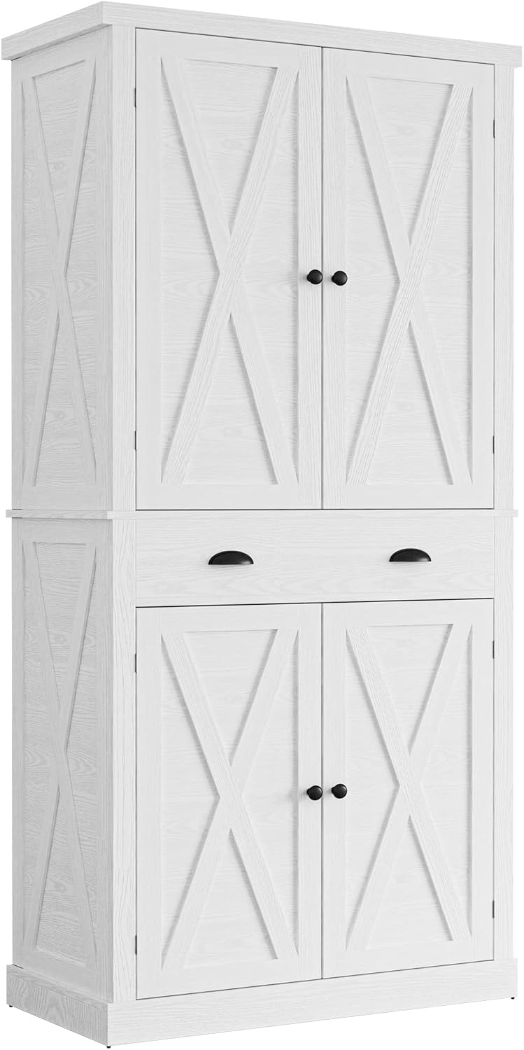 IRONCK Kitchen Pantry Storage Cabinet 72.6' H, with Barn Doors, Drawer, 4 Adjustable Shelves, Freestanding Cupboard, Laundry, White