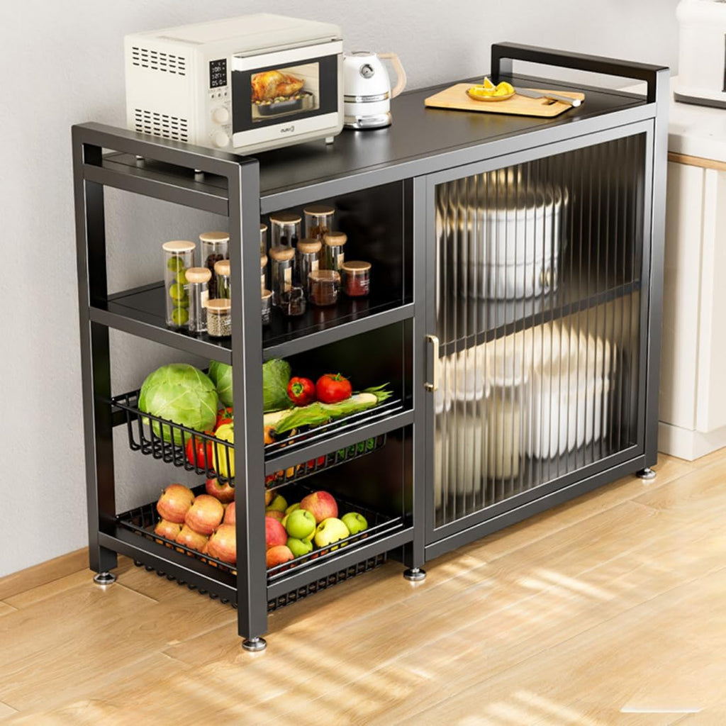 LITFAD Baker's Rack with Cabinets, 2 Baskets, Steel Frame, Modish Style Kitchen Storage Cabinet Freestanding Coffee Shelf Rack Organizer for Home Office, Grey 31.5' L x 12.5' W x 31.5' H