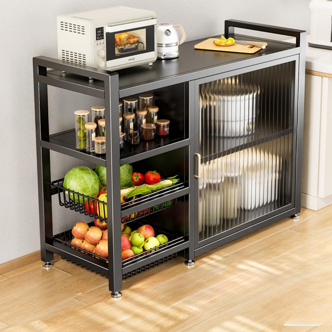 LITFAD Baker's Rack with Cabinets, 2 Baskets, Steel Frame, Modish Style Kitchen Storage Cabinet Freestanding Coffee Shelf Rack Organizer for Home Office, Grey 31.5' L x 12.5' W x 31.5' H