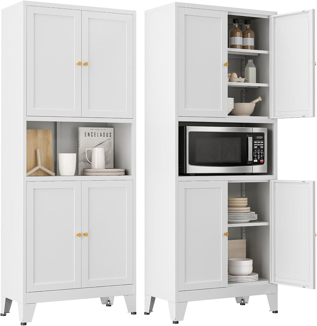 69' H Metal Pantry Cabinet with Open Shelf,13.78'Deep By 28' Wide Storage Cabinet with Doors and Adjustable Shelves,Microwave Stand,for Kitchen Dining Room Bathroom,White 1Pc