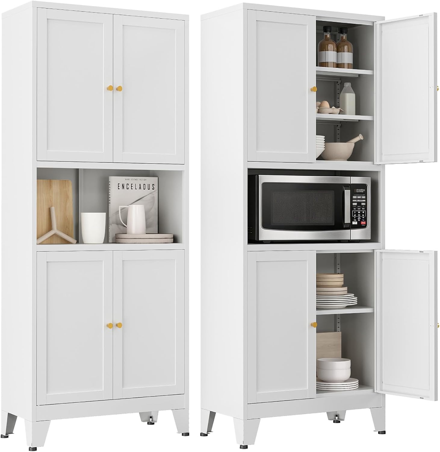 69' H Metal Pantry Cabinet with Open Shelf,13.78'Deep By 28' Wide Storage Cabinet with Doors and Adjustable Shelves,Microwave Stand,for Kitchen Dining Room Bathroom,White 1Pc