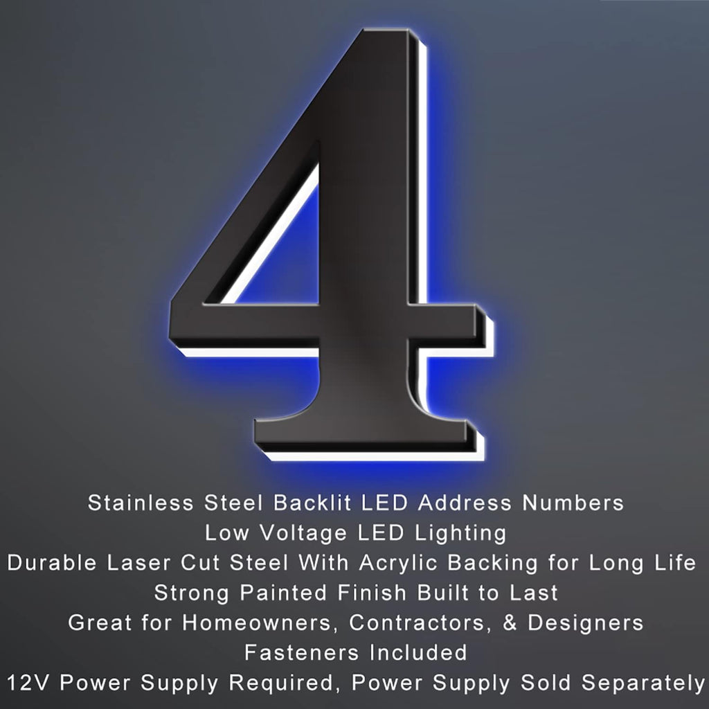 House numbers light up, Stainless Steel Lighted House Numbers For Outside, Up-Scale Modern Black Look, Illuminated House Numbers, Blue Light.