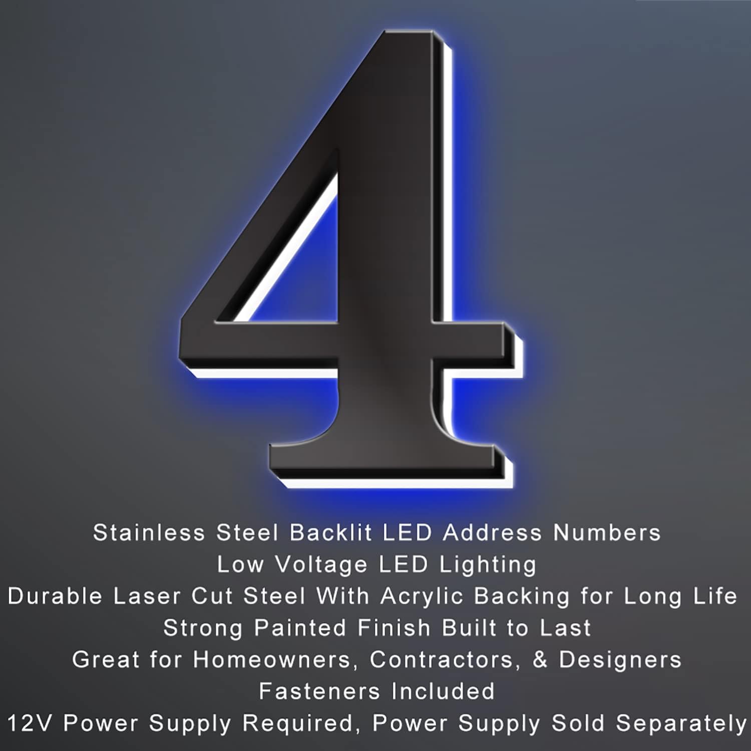 House numbers light up, Stainless Steel Lighted House Numbers For Outside, Up-Scale Modern Black Look, Illuminated House Numbers, Blue Light.