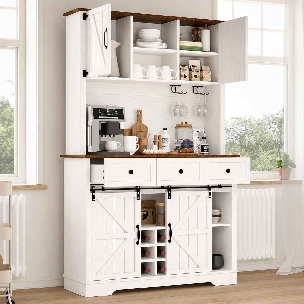 Farmhouse Coffee Bar Cabinet with Wine Rack, 72' Tall Kitchen Storage Cabinet with 3 Drawers, 9-Bottle Wine Holder, 6 Hooks, Sliding Barn Doors and Adjustable Shelves, for Dining Room, White