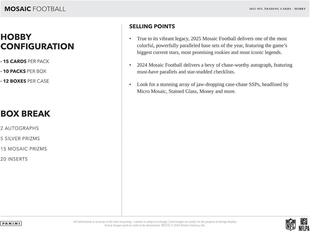2025 Panini Mosaic Football Hobby Trading Card Box (2 Autographs Per Box)