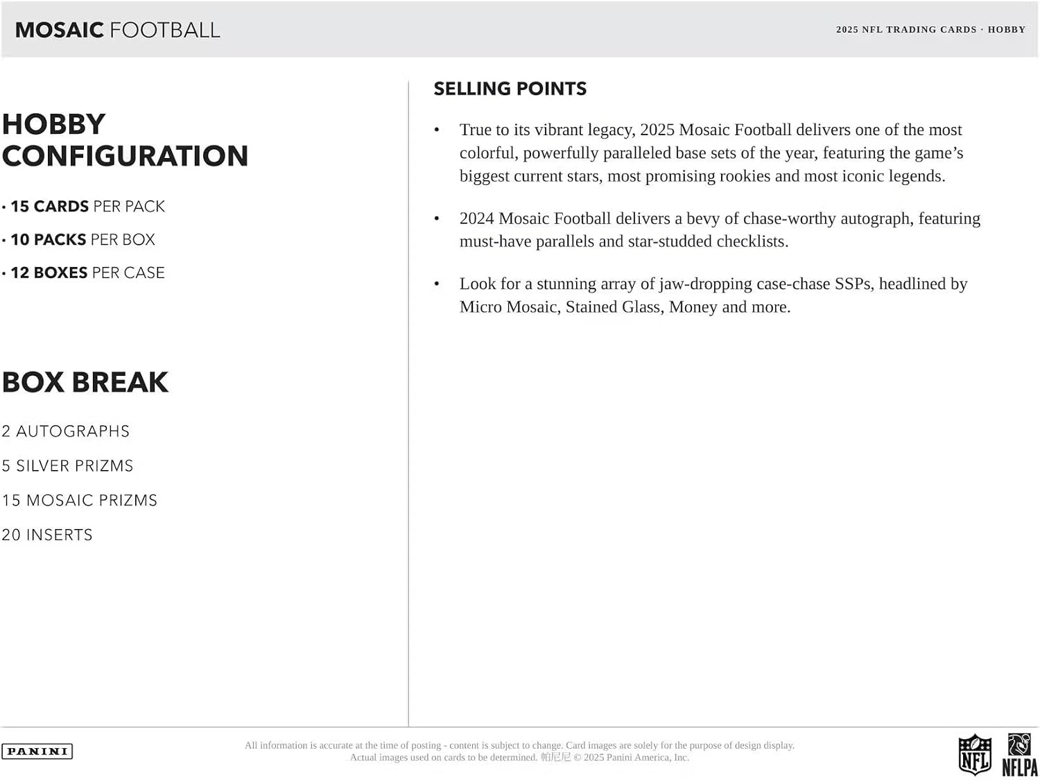 2025 Panini Mosaic Football Hobby Trading Card Box (2 Autographs Per Box)