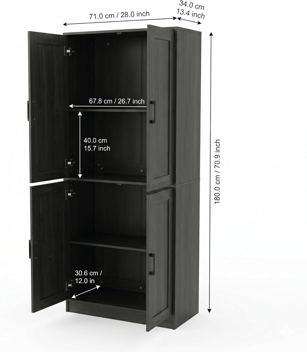 DIYART 71' Tall Kitchen Pantry Cabinet, Freestanding Food Storage Organizer with Doors & Adjustable Shelves, Large Utility Hutch Cupboard for Dining Room, Kitchen & Home Office, Dark Grey