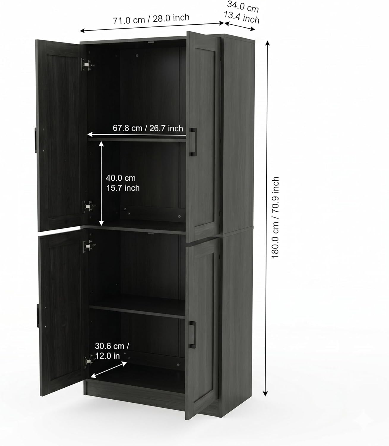 DIYART 71' Tall Kitchen Pantry Cabinet, Freestanding Food Storage Organizer with Doors & Adjustable Shelves, Large Utility Hutch Cupboard for Dining Room, Kitchen & Home Office, Dark Grey