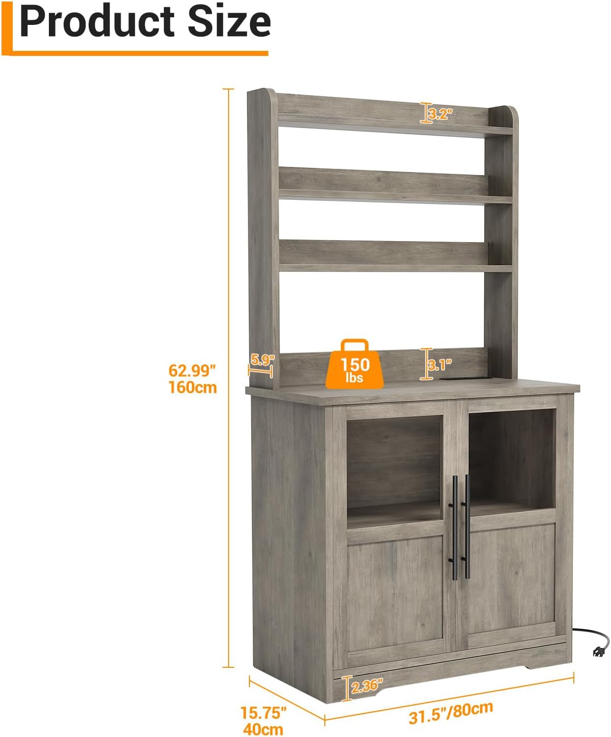 Microwave Stand Bakers Rack Cabinet with Power Outlet and Thickened Counter, Freestanding Farmhouse Coffee Bar Cabinet, Tall Kitchen Pantry Hutch with Glass Doors for Dining Room