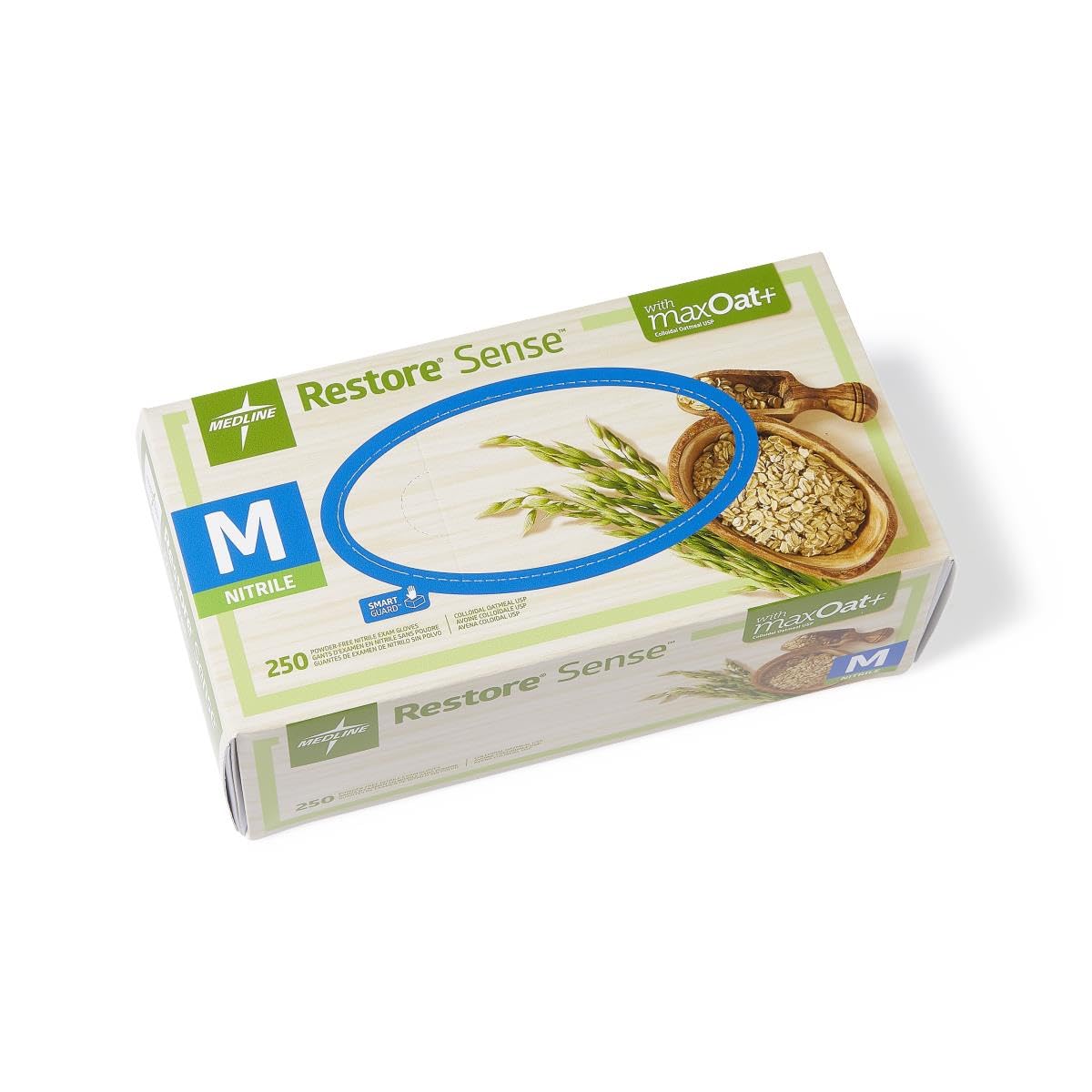 Medline Restore Sense Green Powder-Free Nitrile Exam Gloves with maxOat+, Size Medium, Case of 2500