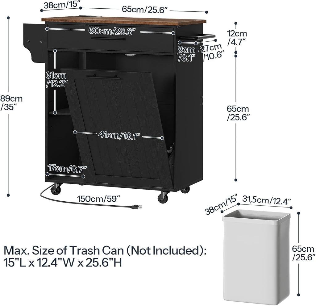 HOOBRO Kitchen Island with Trash Can Storage, Rolling Kitchen Island on Wheels, Mobile Island Cart with Power Outlet, Islands Table for 10 Gallon Garbage Bin, Rustic Brown and Black BF80UZD01G1