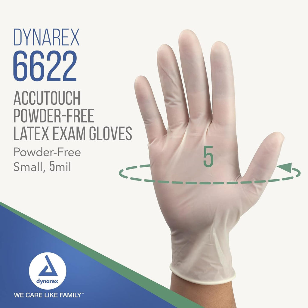 Dynarex 6622 AccuTouch Latex Exam Gloves, Powder-Free - Small 100 Count/Pack of 10