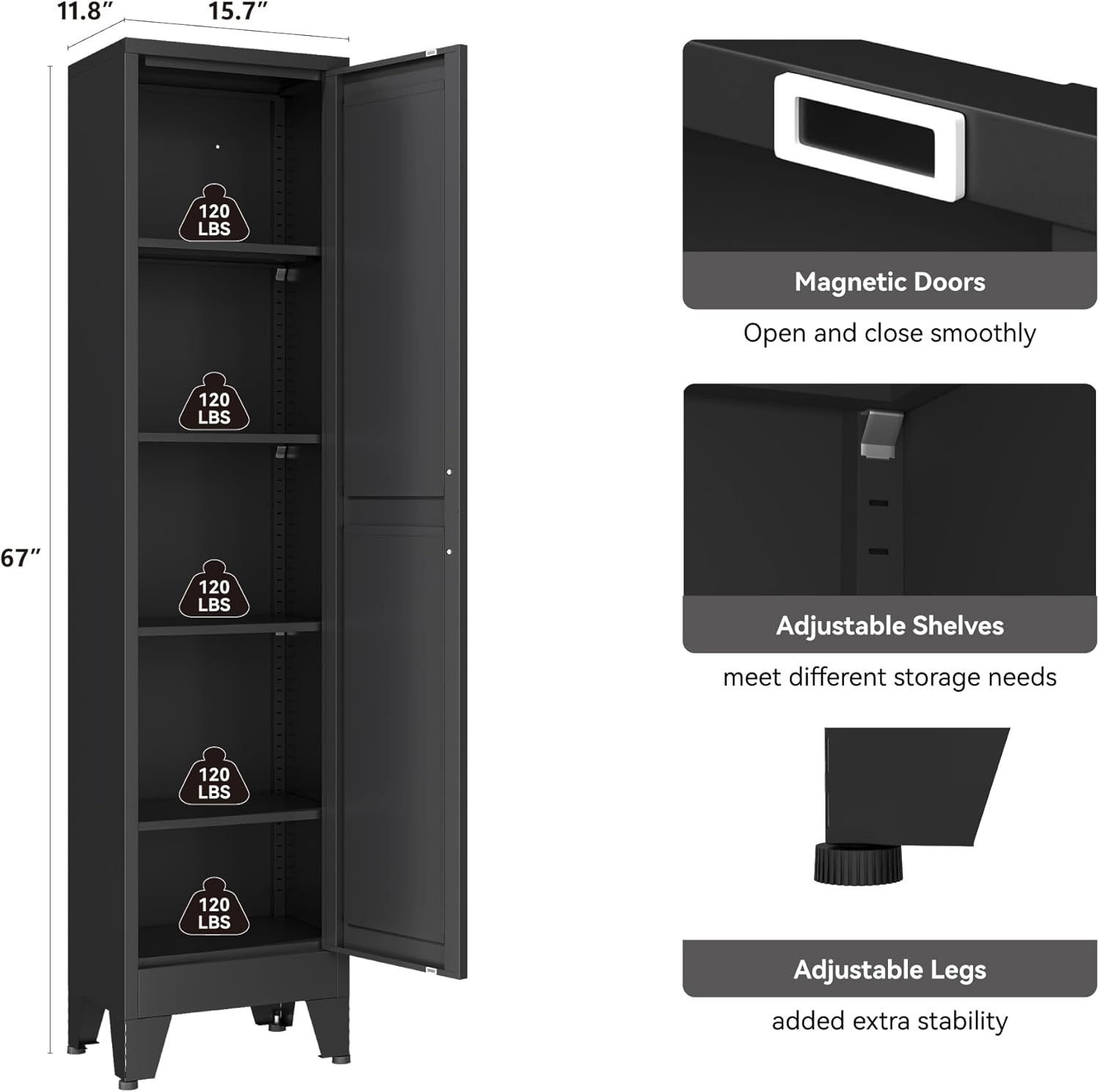 YAUWOH White Narrow Metal Storage Cabinet, Tall Freestanding Cabinet with 4 Adjustable Shelves & Barn Doors, Pantry Organizer for Bathroom Kitchen Home Office Dining Room（1PC,Black）