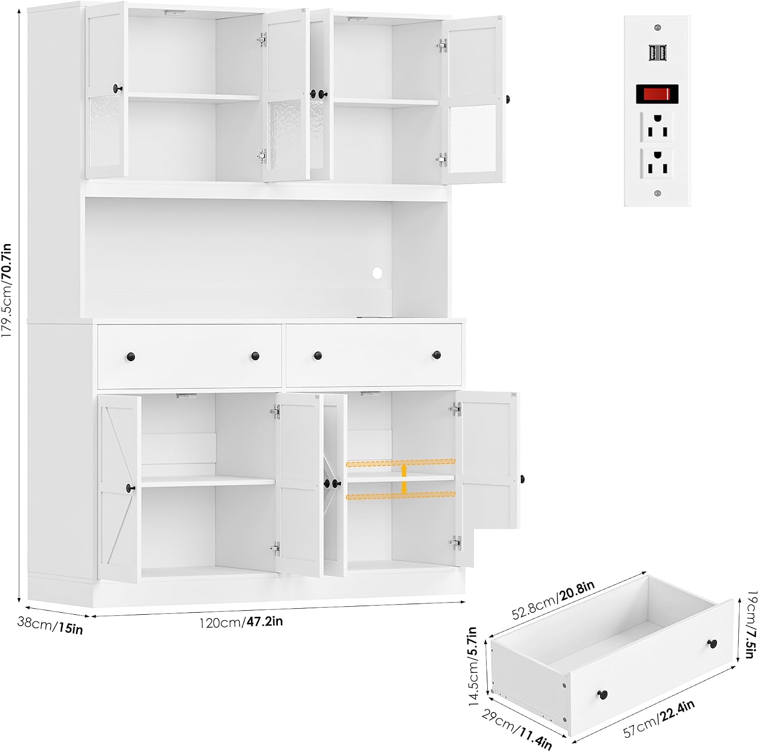 FINETONES 71' Pantry Cabinet with LED Light and Charging Station, Farmhouse Kitchen Pantry Cabinet with Microwave Stand, 47.2' Wide Kitchen Hutch Food Pantry with Open Countertop, White