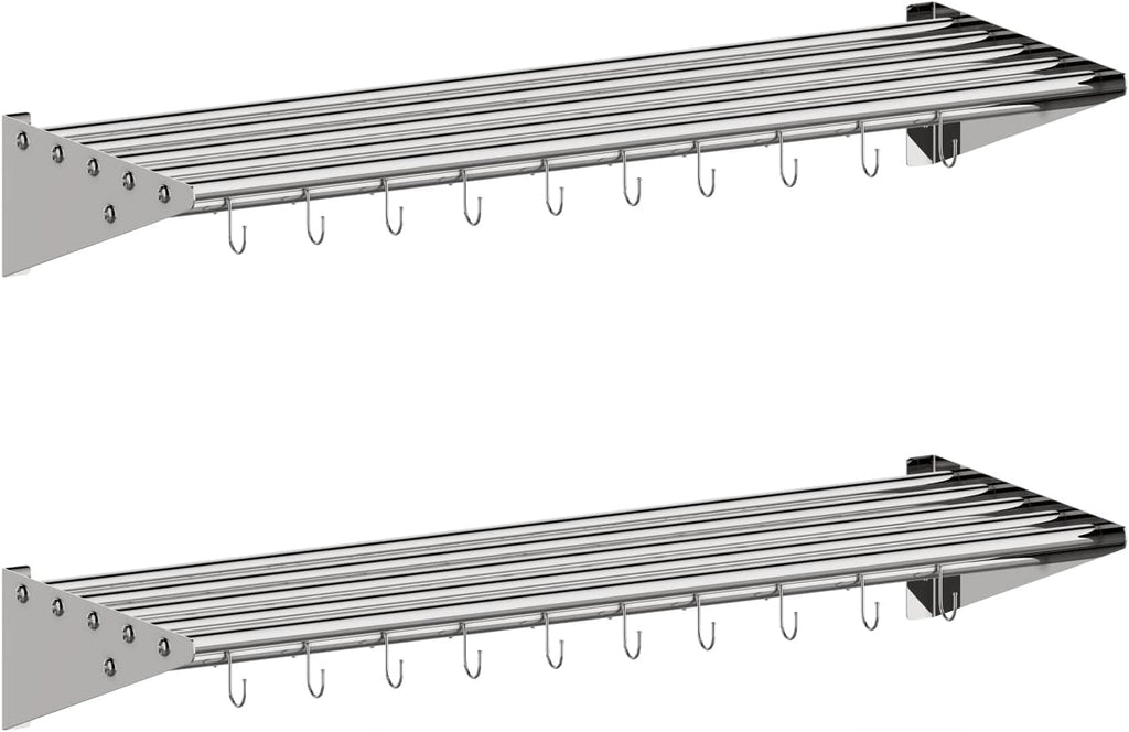 GAOMON 2 Pack Wall Mount Shelves 12' x 36' NSF Certified Stainless Steel with 10 S Hooks - Versatile Metal Storage Racks with Backsplash for Organizing Cookware in Home and Kitchen