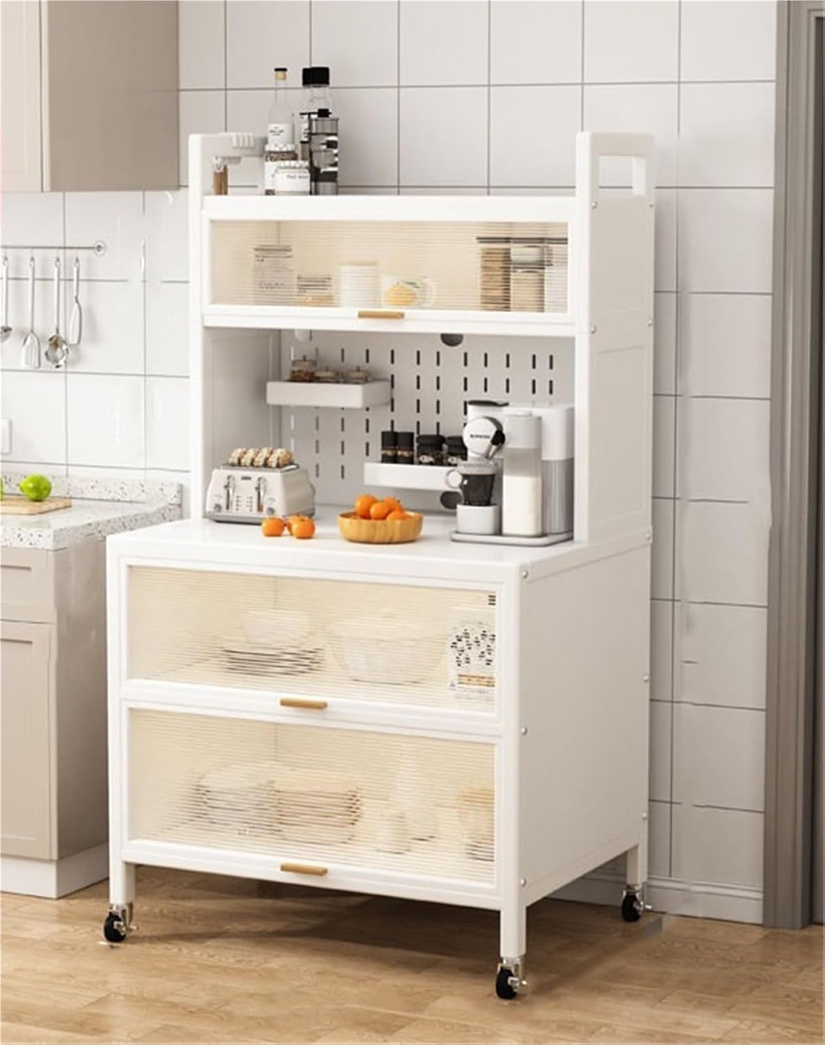 5-Tier Bakers Rack for Kitchen l Sideboard Baker's Storage Cabinet Multifunctional Microwave Stand with Accessories Storage Cabinets with Flip Door for Home(White,60 cm)