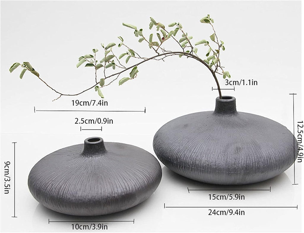 Flower Vase, Chinese Vase, Creative Flat Round Dark Black Small with Ceramic Vase, Modern Minimalist Style, Tea Room, Living Room, Wine Cabinet, Decorative Vases for Home