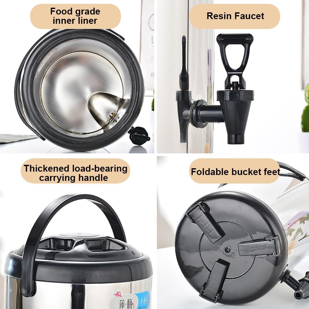 10L/14L/18L/20L Stainless Steel Hot Water Kettle Dispenser, Boiler Warmer Coffee Urn with Cover and Spigot, Milk Tea Bucket Insulated Barrel (Black 10L)