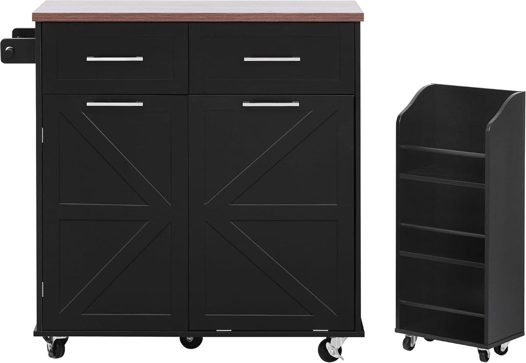 47.2' Farmhouse Kitchen Island with Drop Leaf and Removable Side Racks, Two Drawers, Rolling Kitchen Cart on Wheels with Towel Rack, for Home, Dining Room (Black/V1)