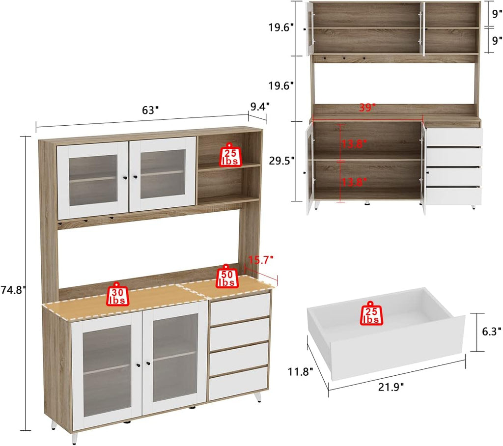 AGOTENI Large Kitchen Hutch Cabinet, Storage Cupboard Pantry with 4 Glass Doors, 4 Drawers & Microwave Shelf, for Kitchen Open Storage, White/Oak (63' W x 15.7' D x 74.8' H)