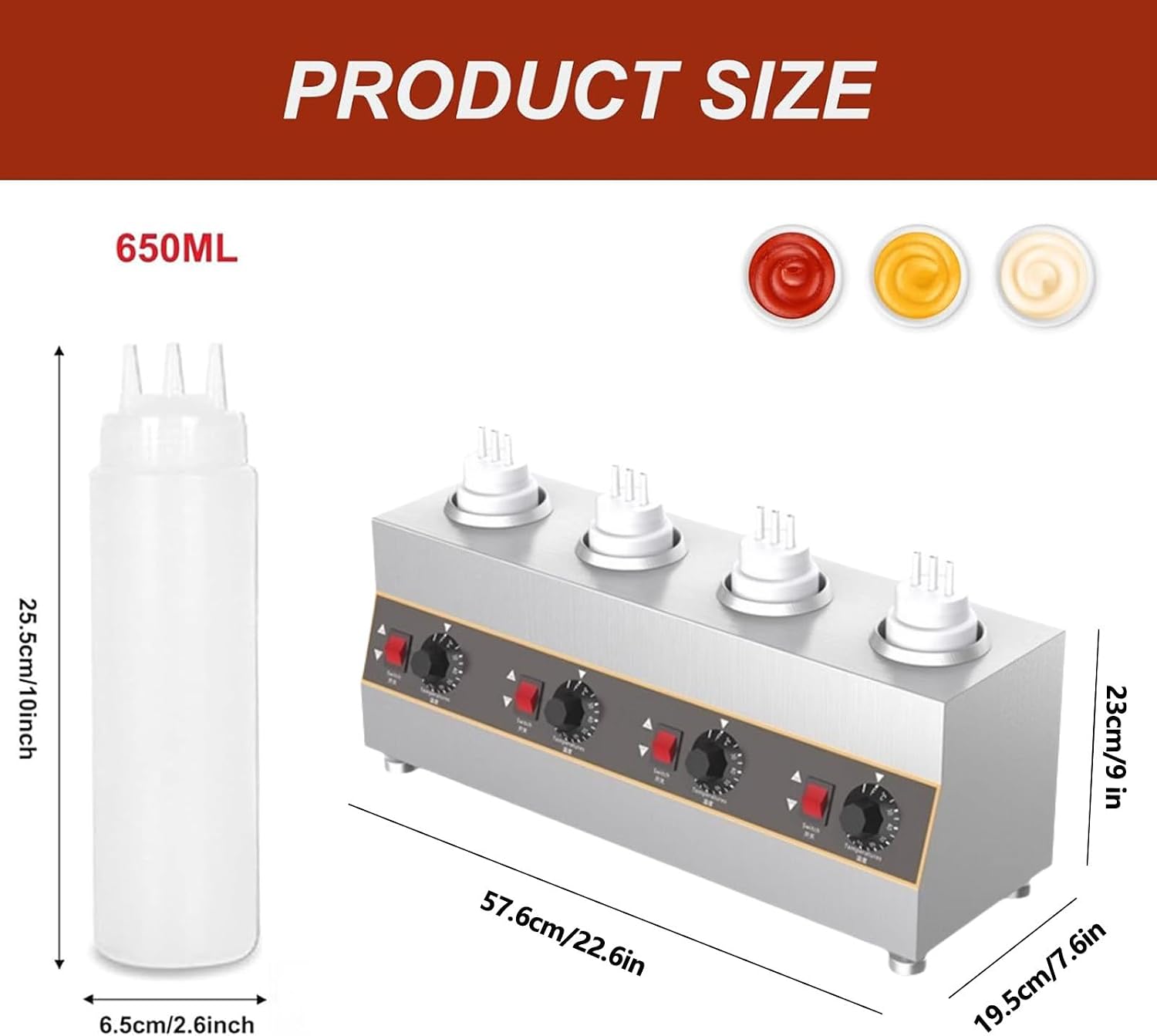 Countertop Stainless Steel Sauce Bottle Warmer, Electric Cheese Sauce Warmer, Commercial Cheese Dispenser, With Bottles, Independent Temperature Control, For Heating Chocolate, Butter And Jam 4网格