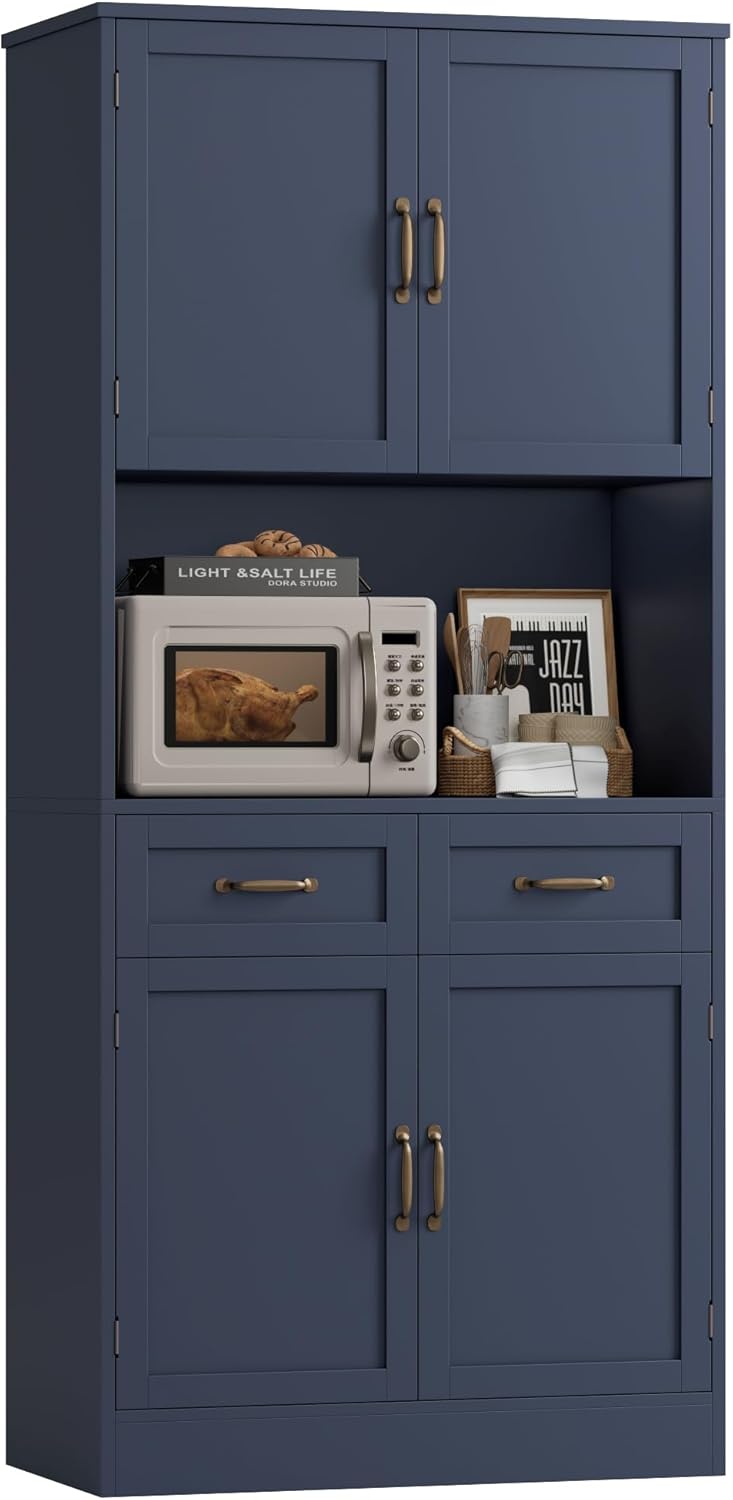 HOSTACK 71' Tall Kitchen Pantry Storage Cabinet, Modern Kitchen Hutch Bar Cabinet with Microwave Stand, Wood Buffet Sideboard with Hutch, Cupboard with Drawers, Shelves for Dining Room, Blue