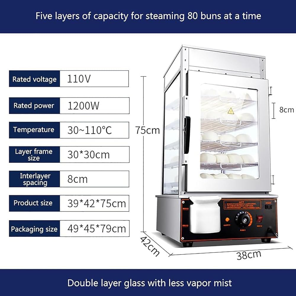 Commercial Bun Steamer, Electric Hot Food Warmer, 5-Layer Steamed Bun Warmer Machine, 1200w 30-110℃ Temperature Range, Ideal for Store Buffet Restaurant