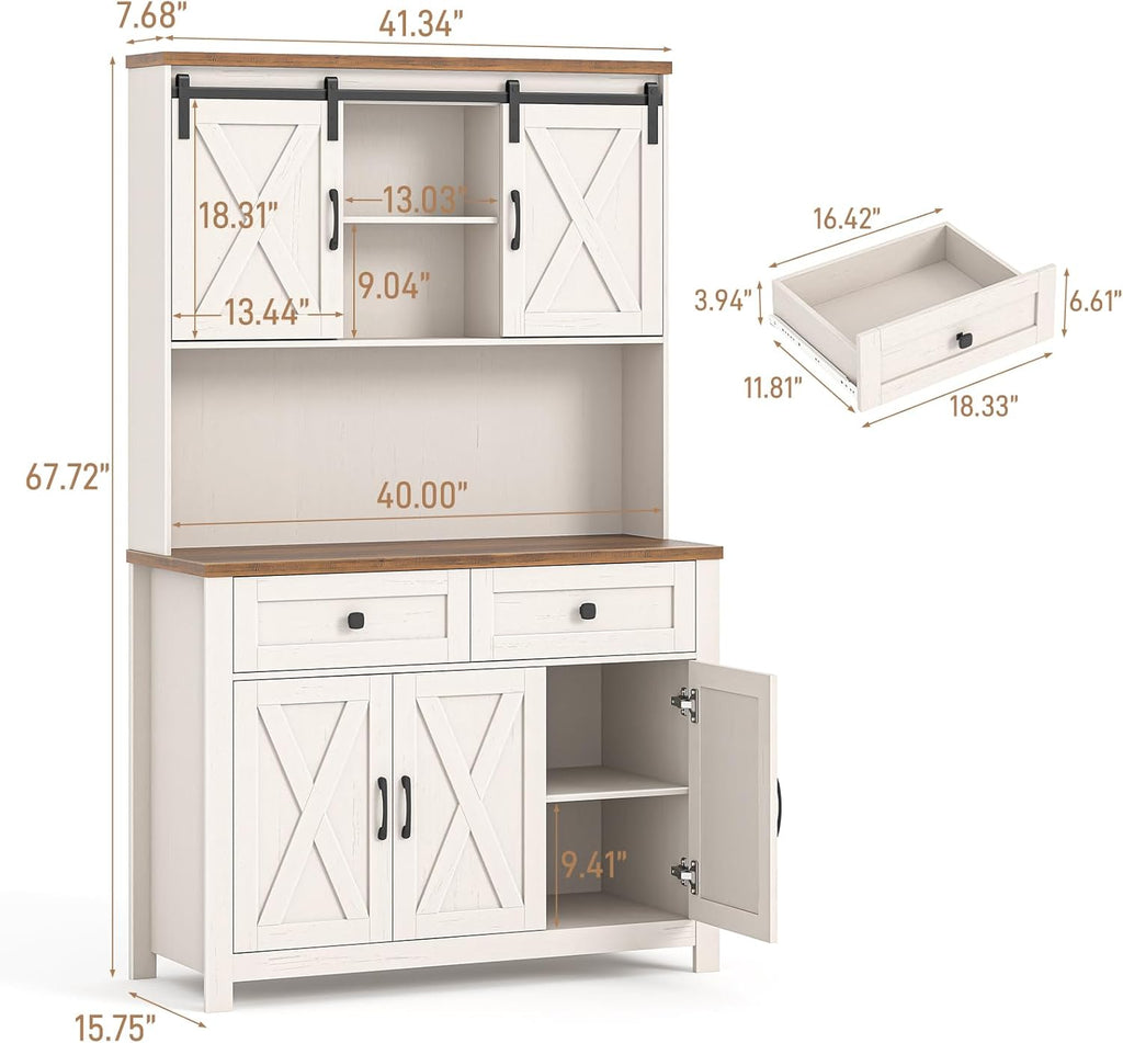 Befrases 67.7 Inch Farmhouse Pantry Storage Cabinet with Sliding Barn Doors, 2 Drawer Farmhouse Coffee Cabinet with Adjustable Shelf, Side Board with Buffet Cupboard for Livingroom Kitchen, White