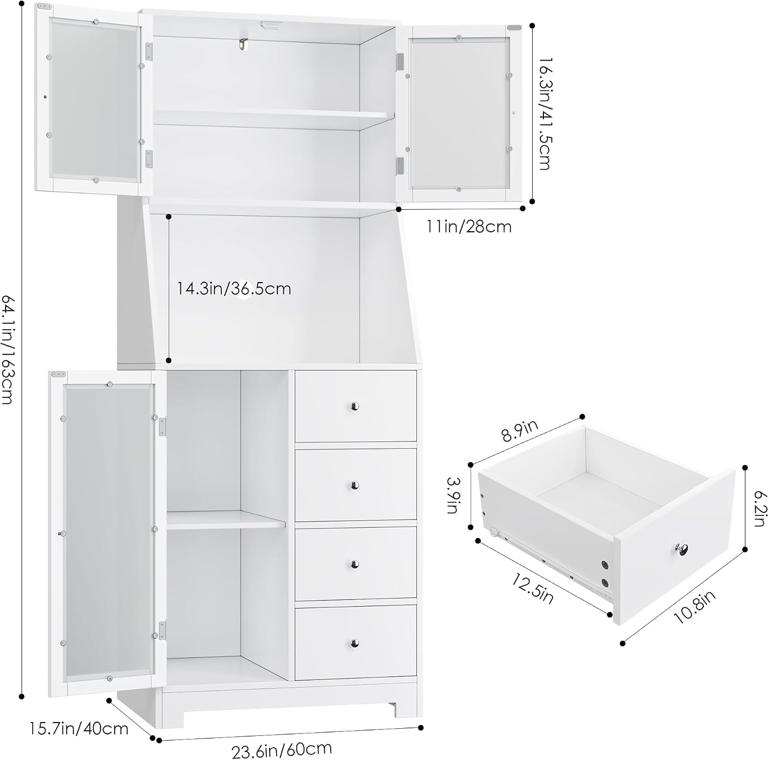 BOTLOG 64'' Kitchen Pantry Storage Cabinet, Tall Kitchen Storage Cabinet with Microwave Stand, Hutch Cabinet with Adjustable Shelves, for Dining Room (White)