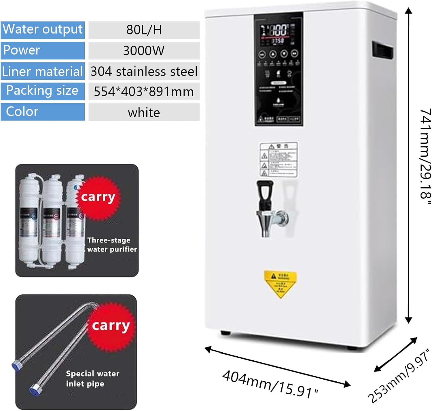 Commercial Electric Water Dispenser with Built-in Purifier, 80L/H, LCD Touch Control, Automatic Boiling,Safe to Drink,for Hotels,Cafés (White) A