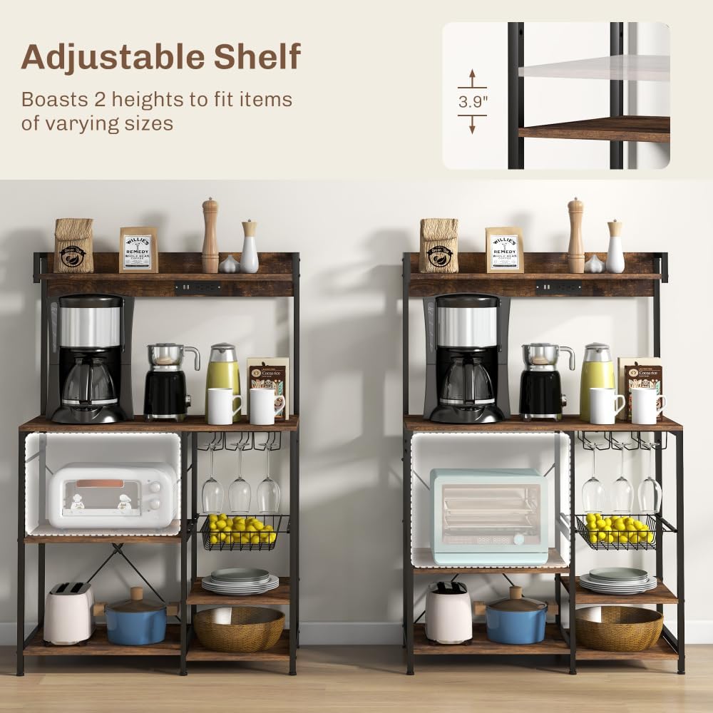 Baker's Rack with Power Outlet and LED Lights, Bakers Racks for Kitchens with Storage, Industrial Microwave Stand with Glass Holders, Metal Basket, Multiple Shelves, Rustic Brown