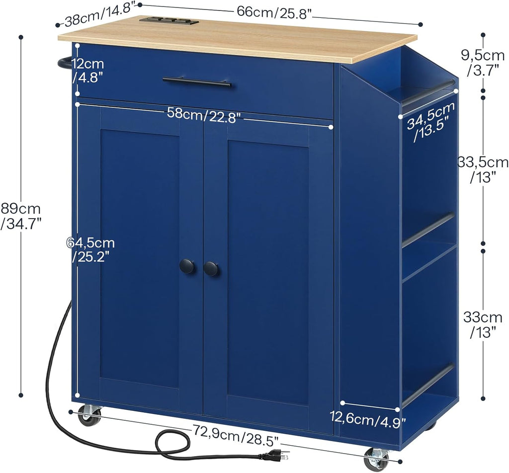HOOBRO Kitchen Island with Power Outlet, Kitchen Storage Island with Spice Rack and Drawer, Rolling Kitchen on Wheels, for Home, Dining Room, Natural and Blue UN82UZD01G1