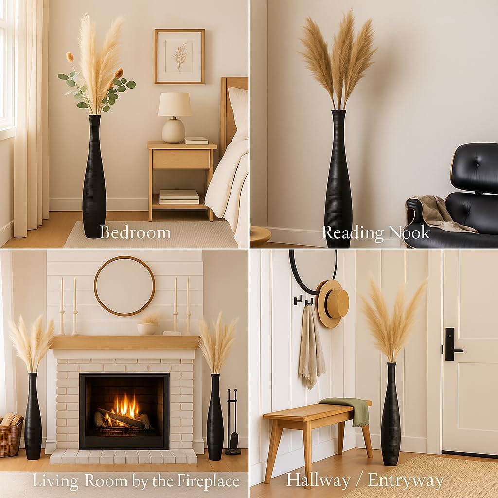 Leewadee Large Black Home Decor Floor Vase - Wooden 41 inch Tall Farmhouse Decor Flower Holder for Fake Plant and Pampas Grass