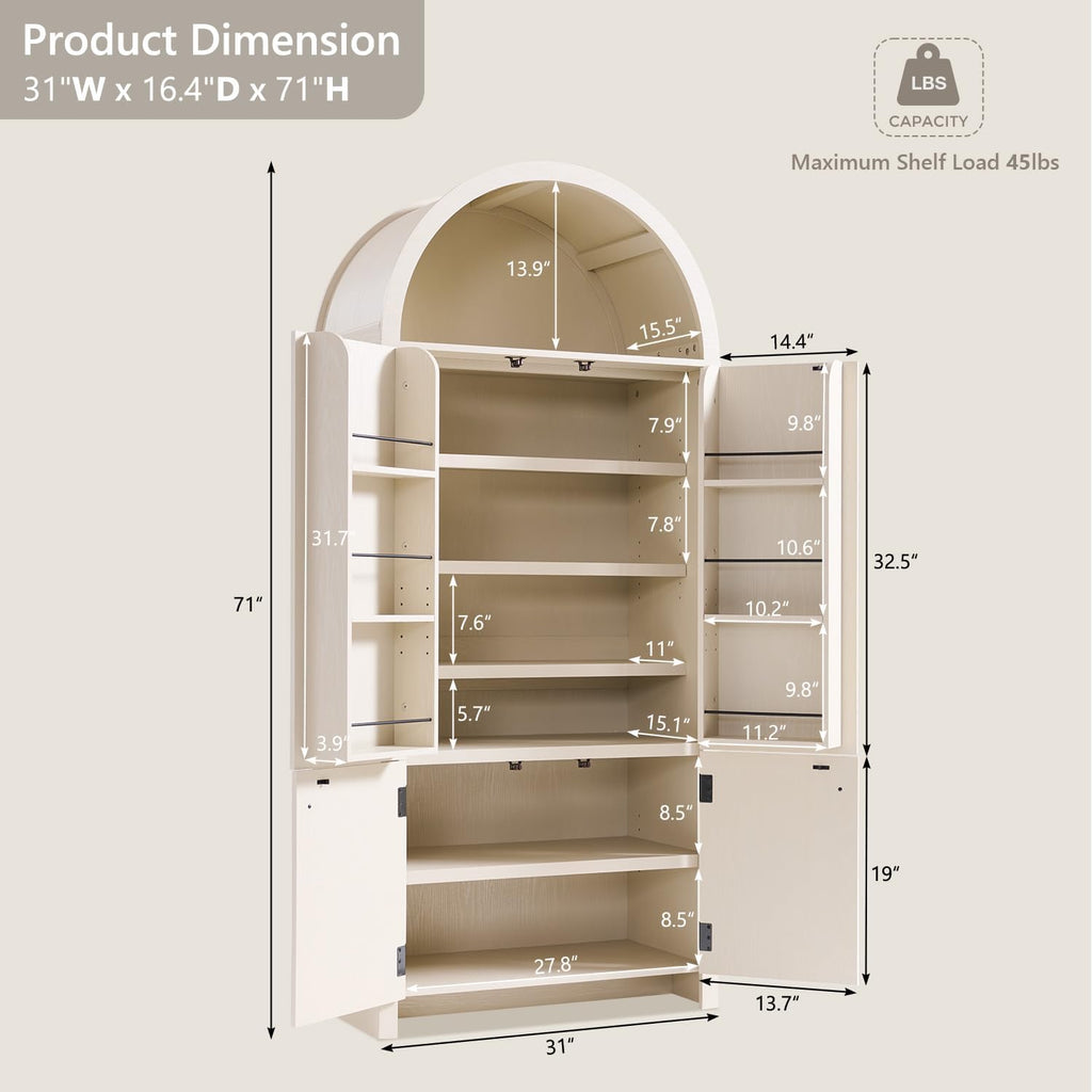 IFGET 71' Tall Arched Kitchen Pantry, Modern Fluted Wood Storage Cabinet with Doors, 3 Adjustable Shelves, 6 Door Shelves, Organizer, Versatile Cupboard for Kitchen, Bathroom, Cream