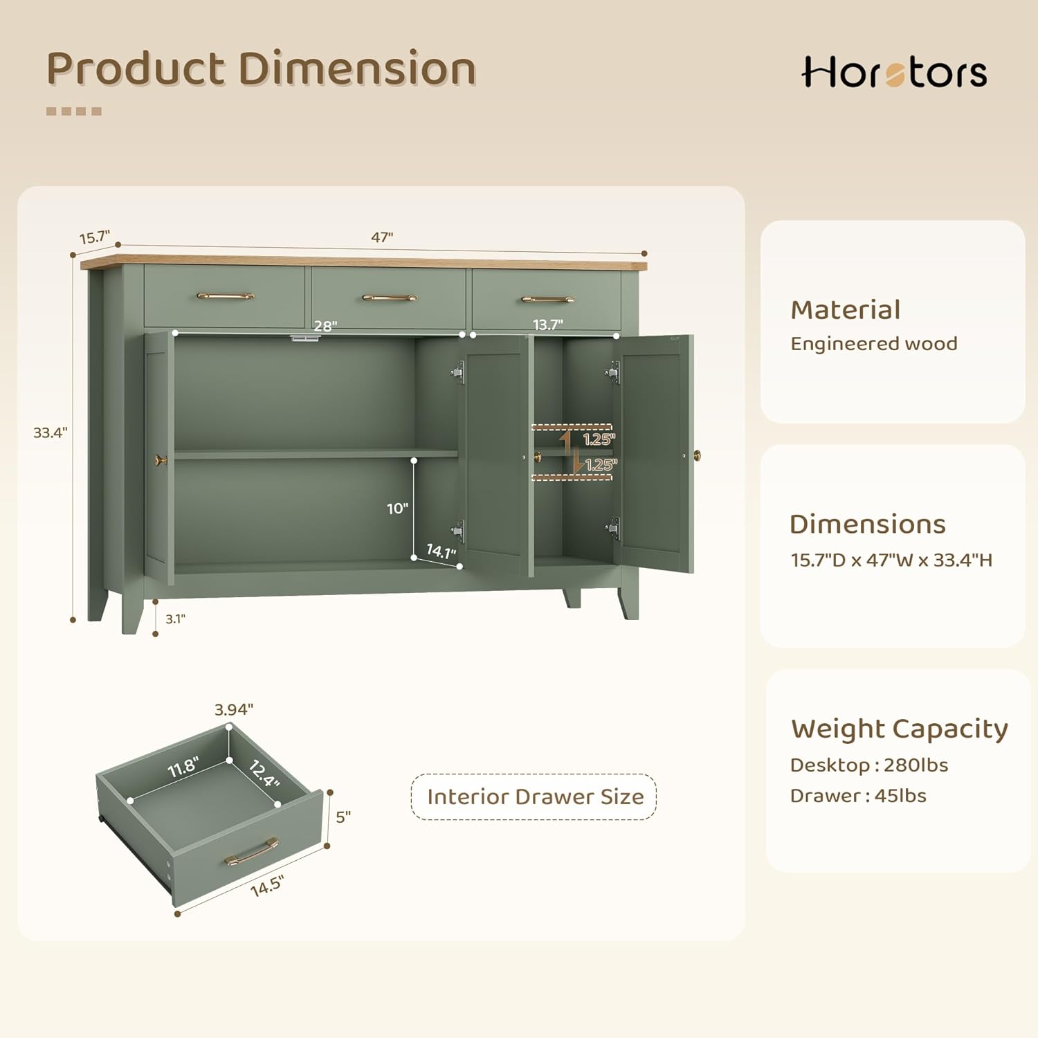 HORSTORS 47' Buffet Cabinet with Storage, Kitchen Buffet Table with Drawer, Modern Coffee Bar Storage Cabinet with Adjustable Shelf, Wood Sideboard for Dining Room, Kitchen, Entryway, Light Green