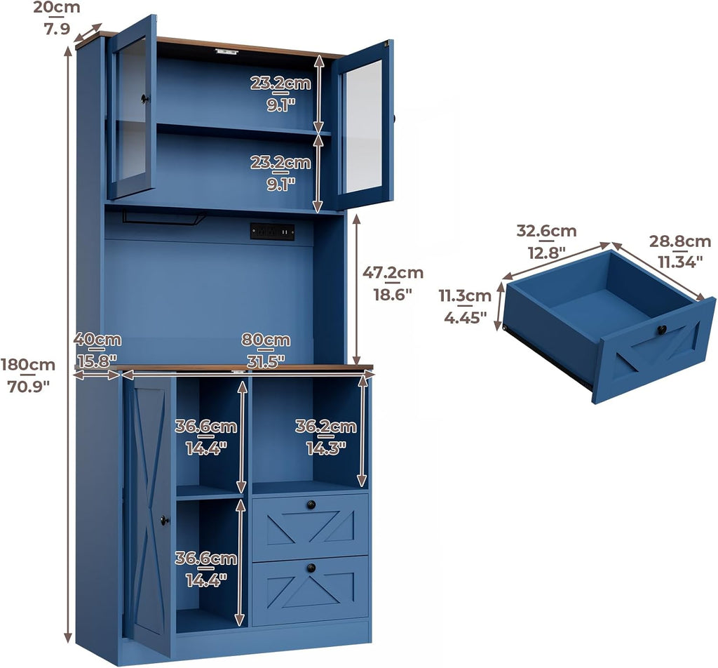 71''Kitchen Pantry Storage Cabinet with LED Lights and Power Outlet, Tall Farmhouse Kitchen Hutch with Microwave Stand,Globet Hooks and Adjustable Shelf for Dining Living Room,Blue