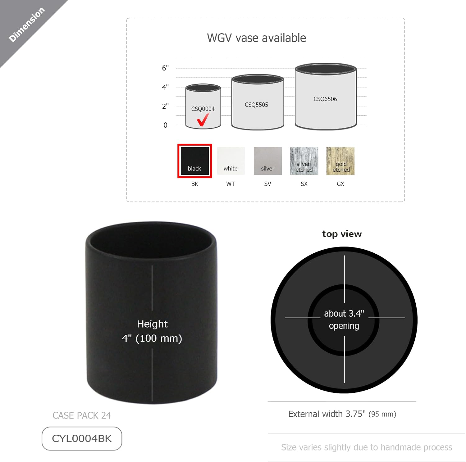 WGVI Matte Black Ceramic Cylinder Vase Width 3.75' Height 4', Flower Arrangements, Candle Holder, Terrarium Planter Pot, Tabletop Storage Container Organizer Pen Brush Holder, Bulk Wholesale, 24 Pcs