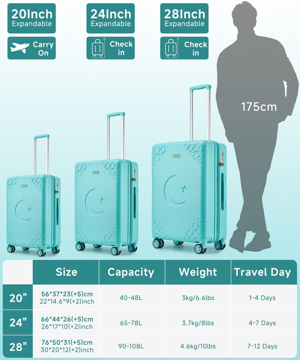 Somago Expandable 2-Piece Luggage Sets 20'/24' Suitcases with Shock-Absorbing Braking Spinner Wheels Moon Star Design Hard Shell Suitcase with Cupholder TSA Lock (Robin Egg Blue,Expandable 20/24 Inch)