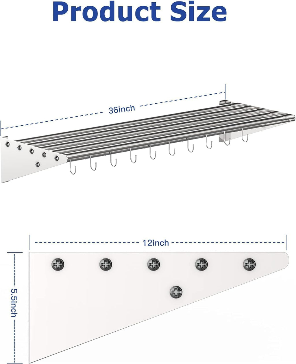 GAOMON 2 Pack Wall Mount Shelves 12' x 36' NSF Certified Stainless Steel with 10 S Hooks - Versatile Metal Storage Racks with Backsplash for Organizing Cookware in Home and Kitchen