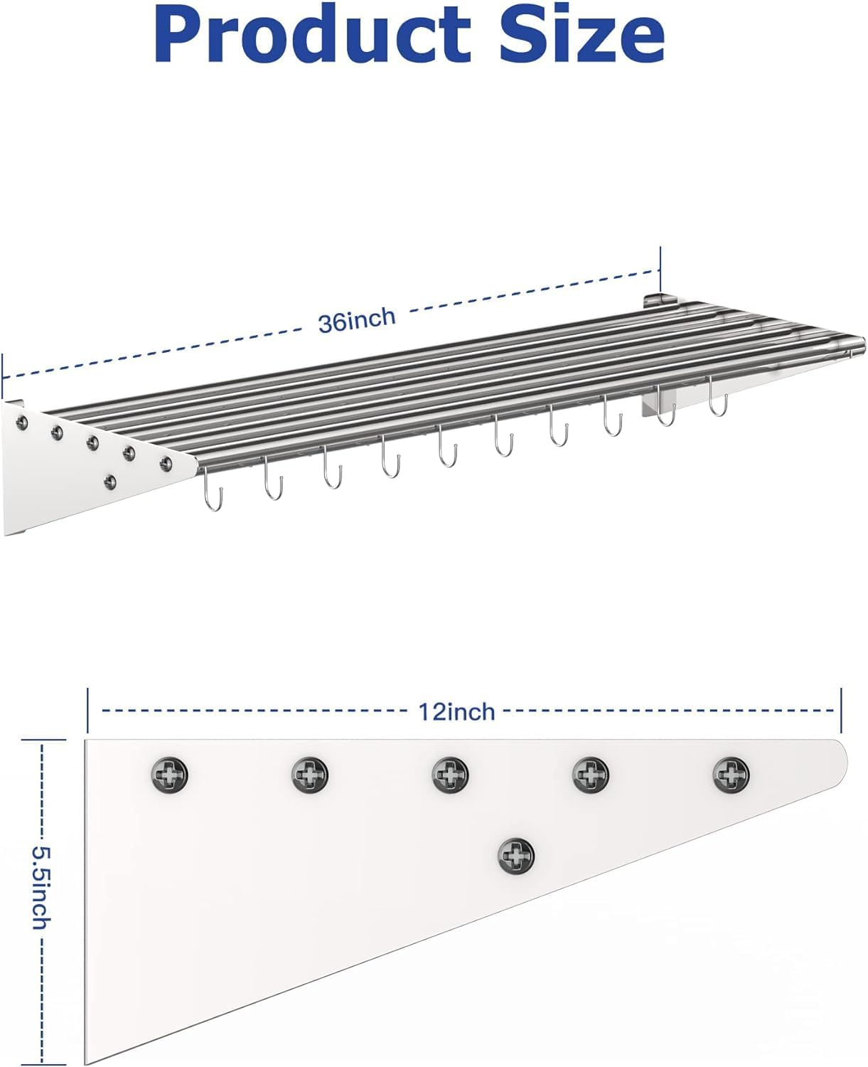 GAOMON 2 Pack Wall Mount Shelves 12' x 36' NSF Certified Stainless Steel with 10 S Hooks - Versatile Metal Storage Racks with Backsplash for Organizing Cookware in Home and Kitchen