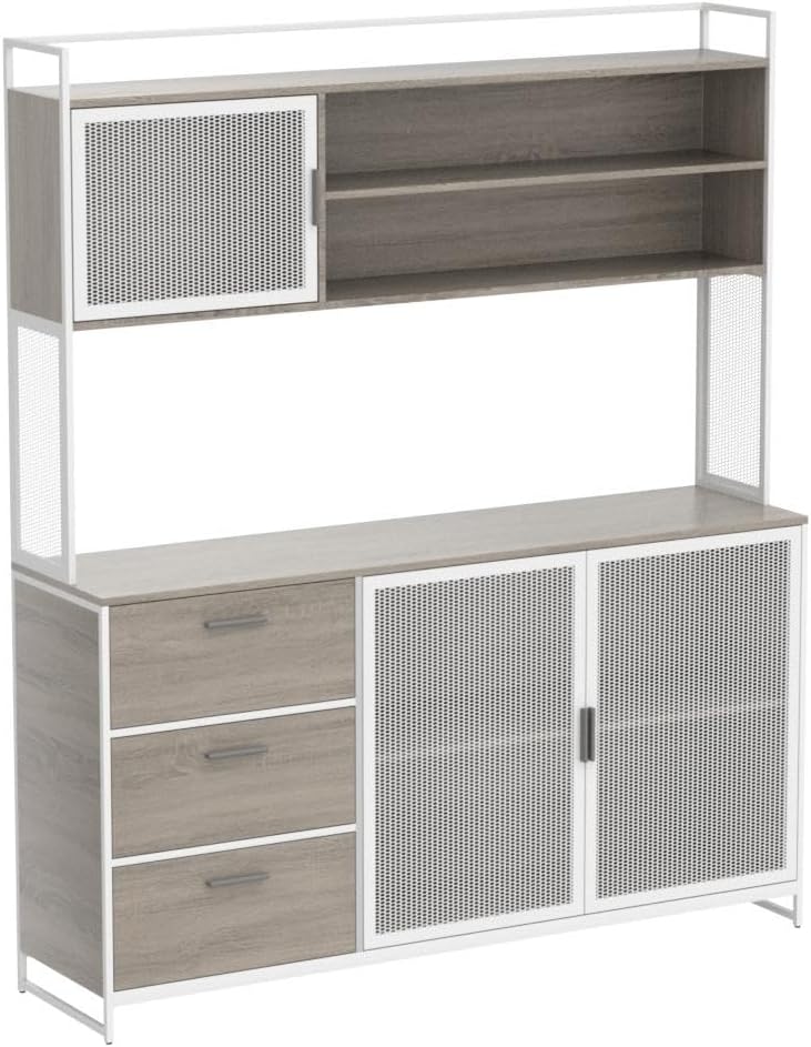 AGOTENI Large Kitchen Hutch Cabinet, Storage Cupboard Pantry with 3 Metal Doors, 3 Drawers & Microwave Shelf, for Kitchen Open Storage, Oak (59' W x 15.7' D x 68.5' H)