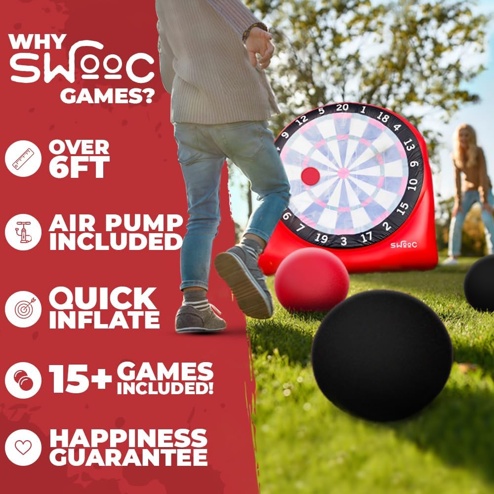 Swooc Games - Premium Inflatable Giant Kick Darts (15+ Ways to Play) - Jumbo Soccer Dartboard with Air Pump - Big Carnival Games - Giant Outdoor Games - Oversized Dart Board Yard & Lawn Game